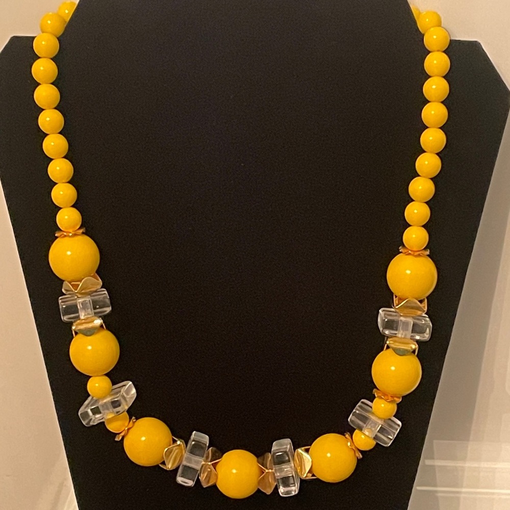 Vintage Yellow Lucite Celluloid Crystal Ice Cube Chunky Necklace 1970's